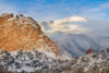 USA, Colorado, Garden of the Gods Fresh snow on Pikes Peak and sandstone formation Credit as: Don Grall / Jaynes Gallery Poster Print by Jaynes Gallery (24 x 18) # US06BJY1548