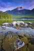 Morning glow on the rugged Rocky mountains with clear, tranquil lake water in the foreground, Jasper National Park; Alberta, Canada Poster Print by Carson Ganci (12 x 19) # 33294206