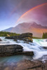 Double rainbow shining over a rugged waterfall and the Rocky Mountains, Jasper National Park; Alberta, Canada Poster Print by Carson Ganci (12 x 19) # 12579004