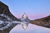 Matterhorn reflected in Lake Riffelsee at Dawn with Moon, Zermatt, Alps, Valais, Switzerland Poster Print by Raimund Linke (19 x 12)