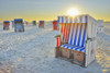 Sun Rising over Beach Chairs at Beach, Norderdeich, Sankt Peter-Ording, North Sea, Schleswig-Holstein, Germany Poster Print by Raimund Linke (19 x 12)