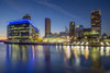 MediacityUK reflected in Salford Quays at twilight. Poster Print by Loop Images Ltd. (18 x 12)