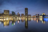 Baltimore inner harbour at night featuring the Aquarium and the Baltimore World Trade Centre. Poster Print by Loop Images Ltd. (19 x 13)