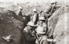 Tin-hatted British troops in the front line opposite St. Quentin during the advance in 1917 to the Hindenburg line on the Western Front during WWI.   From The Pageant of the Century, published 1934. Poster Print by Ken Welsh (17 x 11)