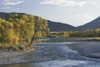 Scenic view of the Yellowstone River with Absaroka range backdrop; Montana, United States of America Poster Print by Tom Murphy (17 x 11)