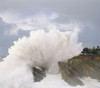 Powerful wave breaking against the rocks at Shore Acres State Park as tourists stand at a lookout point watching the intense splash, Oregon coast; Oregon, United States of America Poster Print by Craig Tuttle (16 x 14)