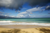 Mixture of rain clouds and cumulus clouds over the tropical, turquoise water and tranquil sandy beach at Baldwin Beach; Baldwin Beach, Paia, Maui, Hawaii, United States of America Poster Print by Ron Dahlquist (18 x 12)