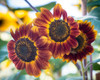 Trio of orange sunflowers gladdens a garden. Poster Print - Betty Sederquist