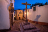 Europe-Portugal-Obidos-Church and cross on cobblestone street at sunset Poster Print - Jaynes Gallery # VARPDXEU23BJY0076