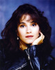 Jamie Gertz Portrait Dark Blue Long Sleeve Silk Shirt with Chin Leaning on Hand in Blue Background Photo Print - Item # VARCEL694353
