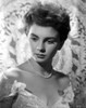 Jean Simmons Portrait in White Sheer Lace V-Neck Shoulder Silk Dres and Pearl Necklace Photo Print - Item # VARCEL704657
