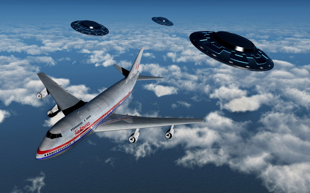 A commerical flight Boeing 747 being stalked by UFO's Poster Print