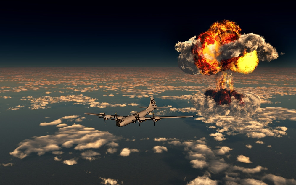 The Enola Gay B-29 Superfortress flying away from the giant