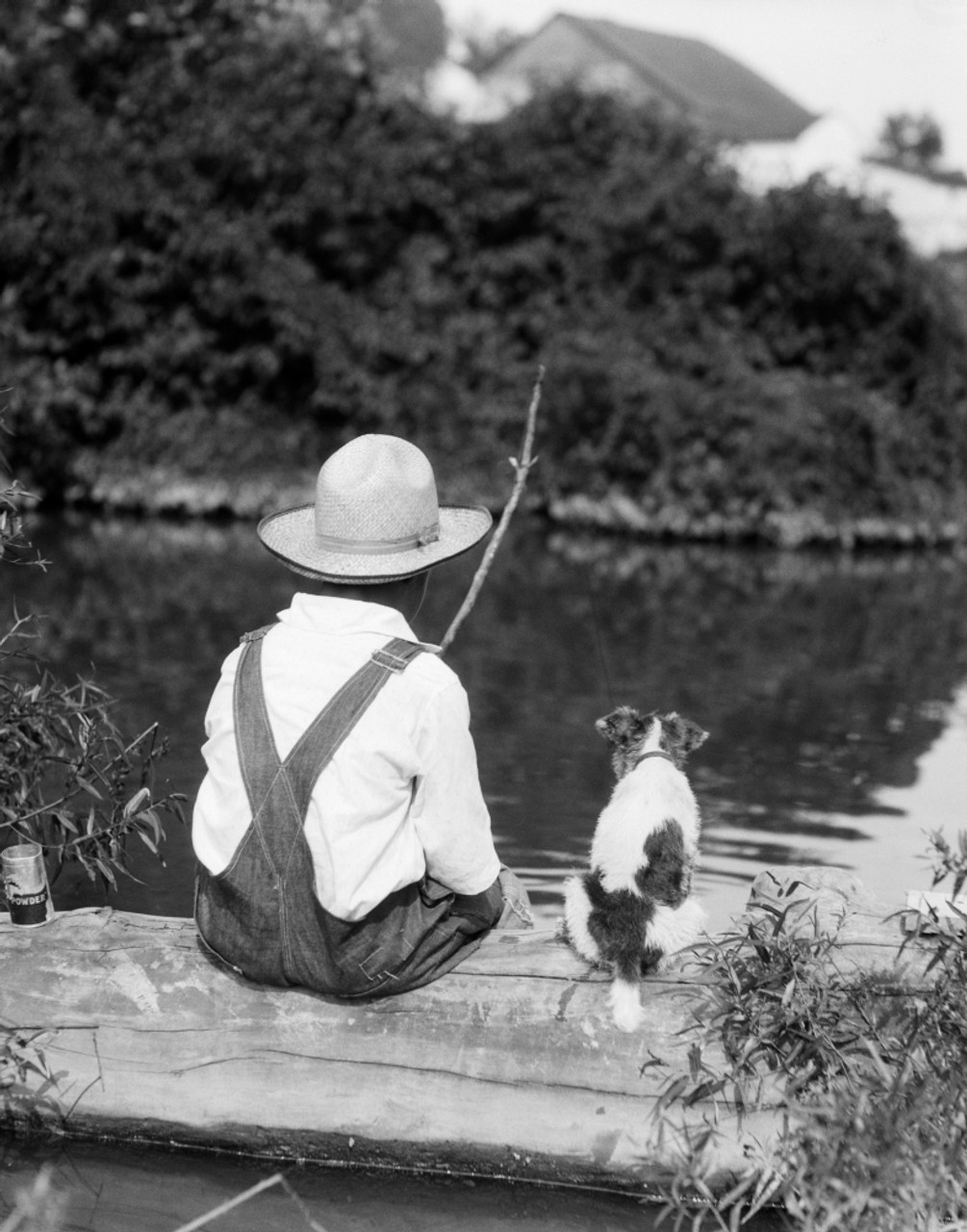 1920s-1930s Farm Boy Wearing Straw Hat And Overalls Sitting On Log With  Spotted Dog Fishing In Pond Print By Vintage - Item # PPI172398LARGE -  Posterazzi