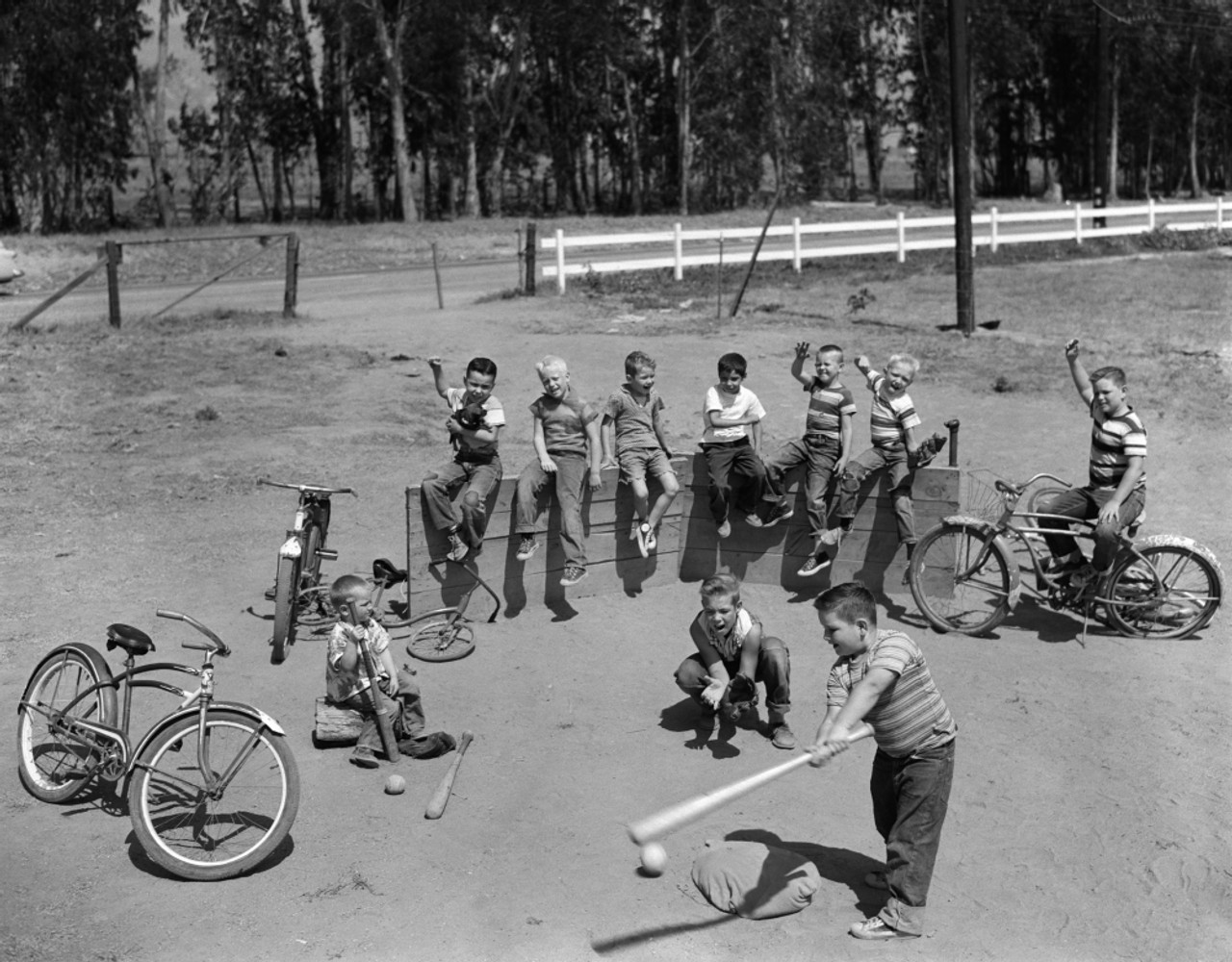 1950s-10 Neighborhood Boys Playing Sand Lot Baseball Most Wear Blue Jeans  Tee Shirts Print By Vintage Collection - Item # PPI177189LARGE