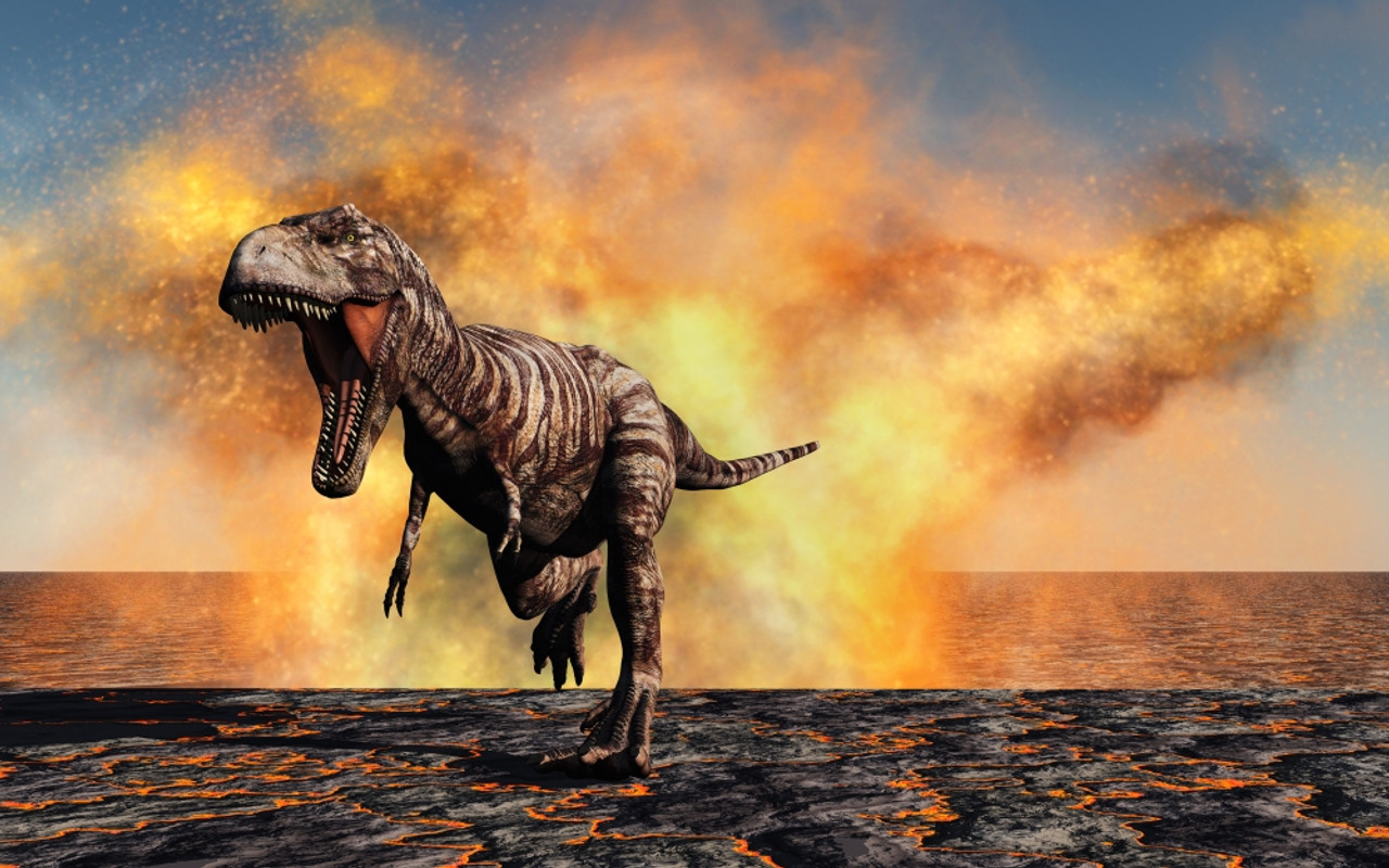 A lone Tyrannosaurus Rex dinosaur on the run from a violent fire storm  during the Cretaceous period Poster Print - Item # VARPSTMAS100647P -  Posterazzi