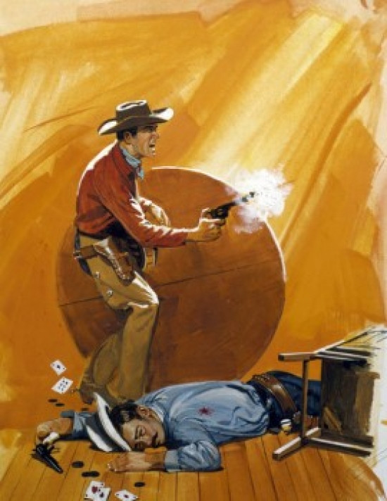 Cowboy shooting pistol in saloon fight Poster Print - Item