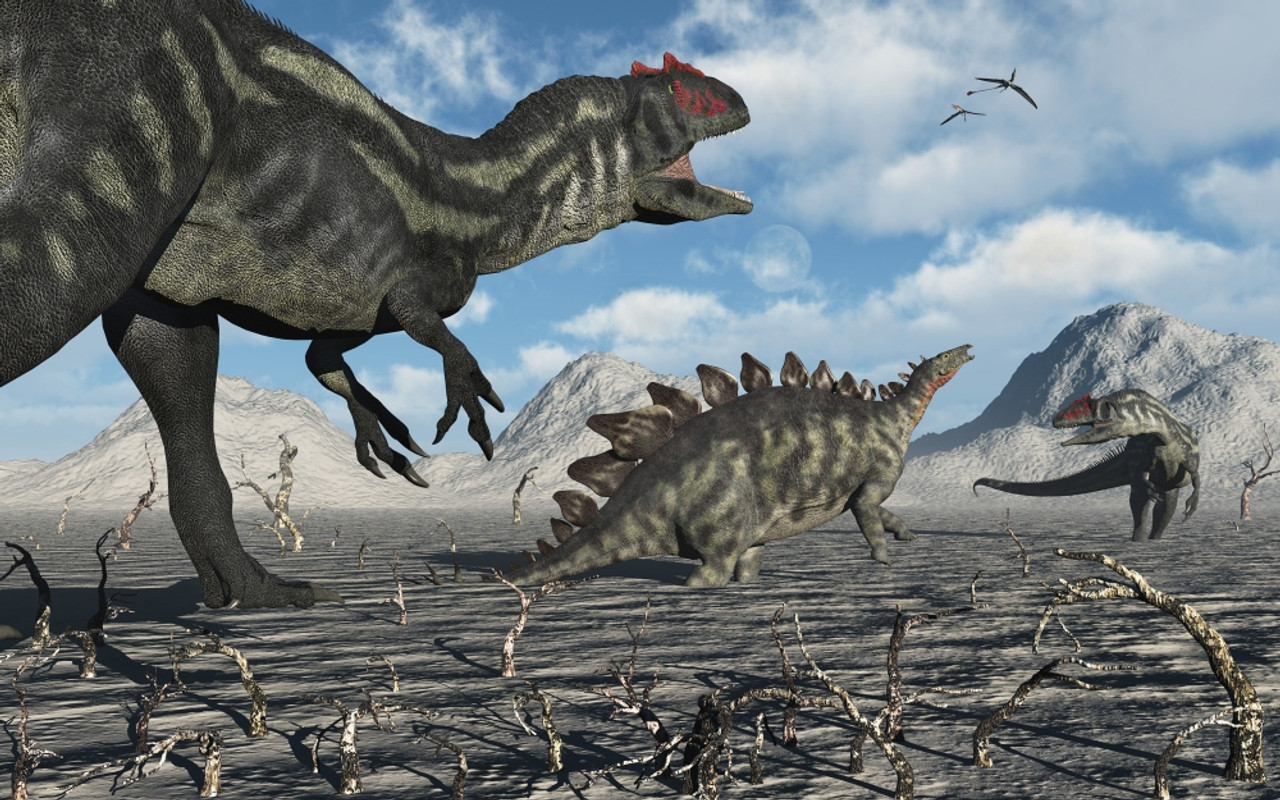 A pair of Allosaurus dinosaurs moving in to kill a Stegosaurus trapped in a  deadly mud pit Poster Print - Item # VARPSTMAS100526P - Posterazzi