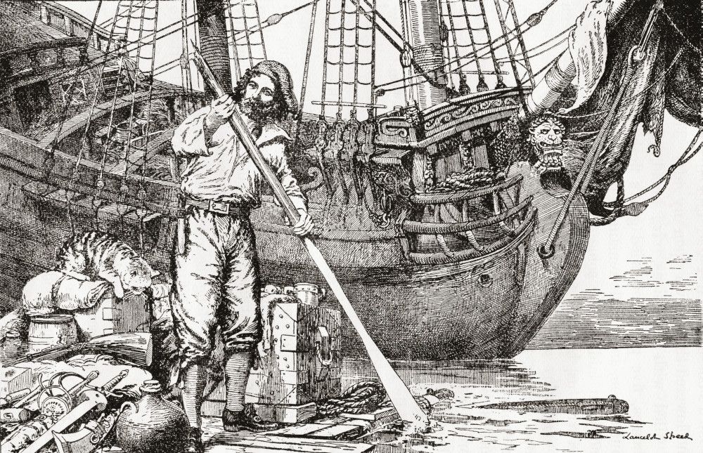 Robinson Crusoe rowing to safety on a raft after being shipwrecked ...