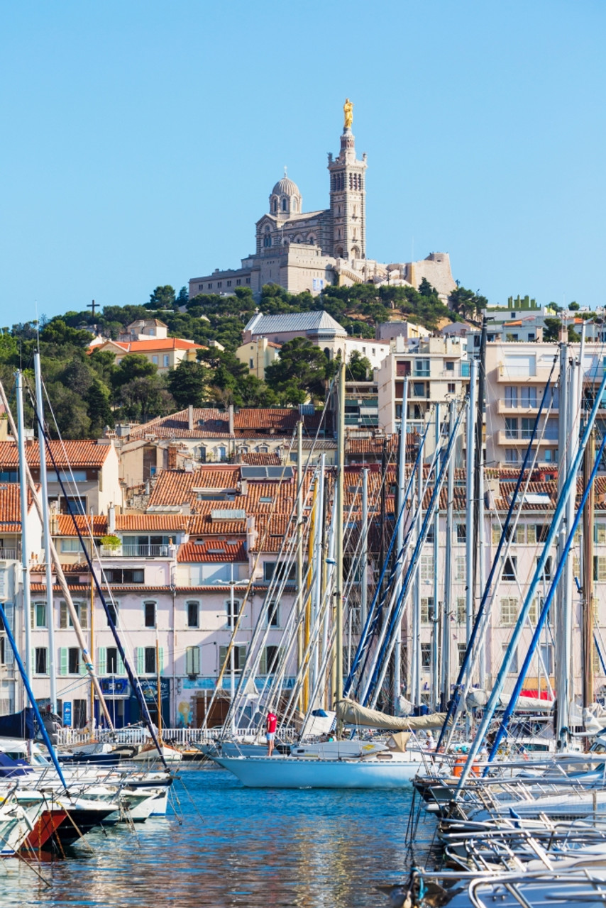 Photo Marseille Noir et Blanc Le Vieux Port et Notre Dame de la Garde  Photographie Paysage Affiche Poster Décoration -  France