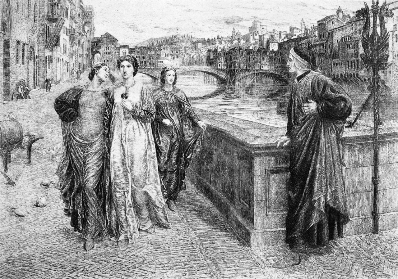 Dante And Beatrice. Nthe First Meeting Of Alighieri Dante And Beatrice. Etching Late 19Th Century After Henry Holiday 1839 1927 . Poster Print by