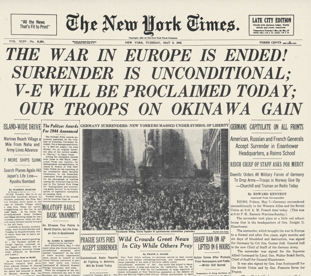 Wwii: V-E Day Frontpage /Nthe Front Page Of The New York Times,