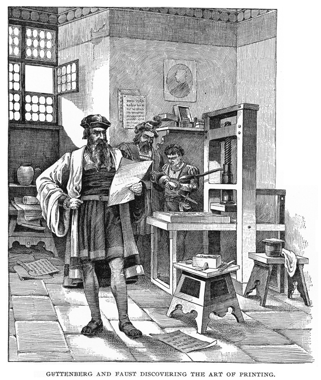Johann Gutenberg /N(C1395-1468). German Inventor. Gutenberg And His Partner, Johann Fust (Or Faust) With johann-gutenberg-n-c1395-1468-german-inventor-gutenberg-and-his-partner-johann-fust-or-faust-with