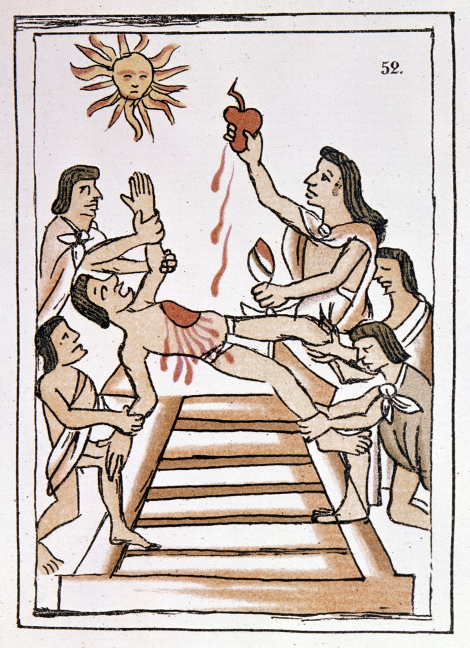  Mexico Aztec SacrificeNAztecs Offering Human Sacrifices To The  Sun-God Aztecs Performing Ritual Sacrifice On A Stone Inscribed With The  Aztec Account Of Their History Drawing Late 19Th Century Poster: Posters 