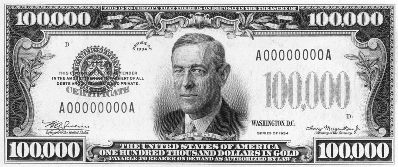 Currency: 100,000 Dollar Bill./Nthe Front Of A U.S One Hundred Thousand  Dollar Note. Poster Print by Granger Collection - Item # VARGRC0066466 -  Posterazzi