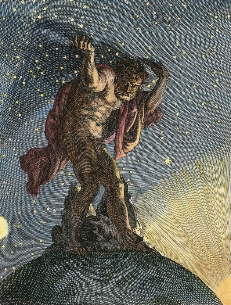 Atlas Holding Up Heavens. /Ncopper Engraving, 1731, By Bernard Atlas Holding Up Heavens. /Ncopper Engraving, 1731, By Bernard
