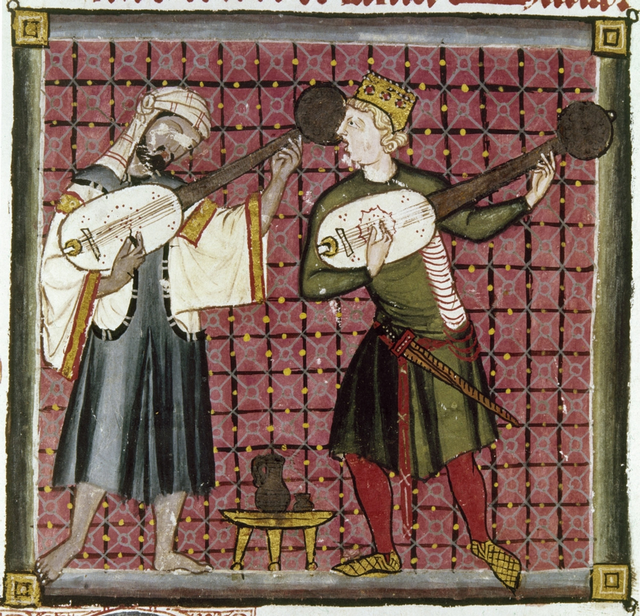 Spain: Music, 13Th Century. /Na Spanish Muslim (Left) And Christian Strum  On Citterns, A Type Of Lute. Manuscript Illumination, 13Th Century, From  The