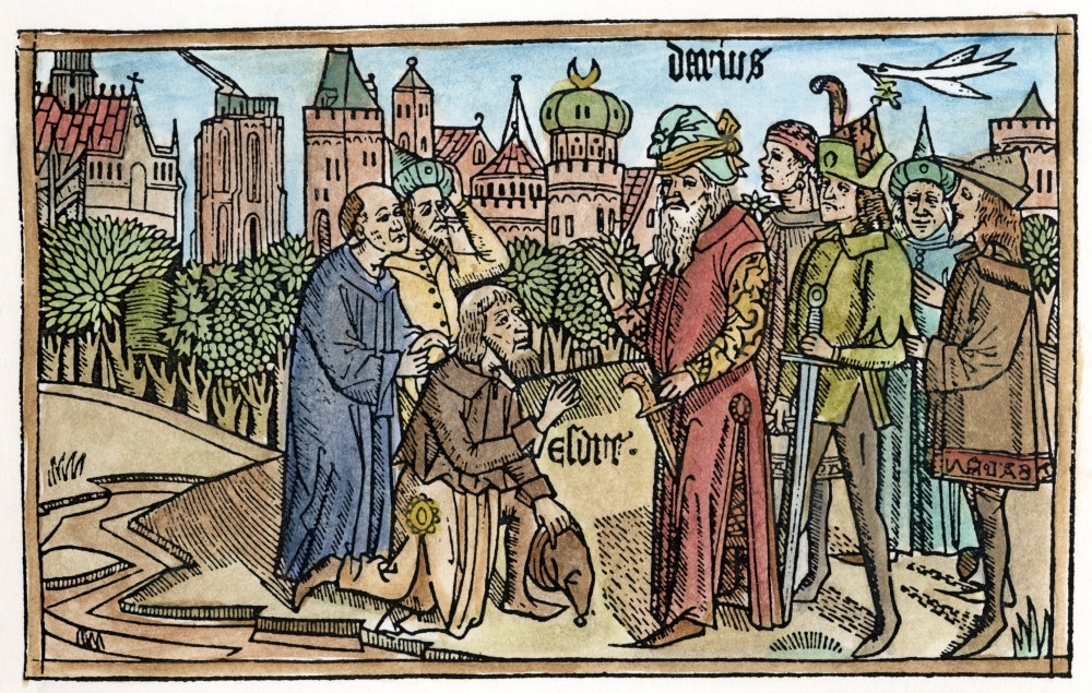 Ezra & Darius. /Nezra Kneels Before King Darius (Ezra Vi). Woodcut From