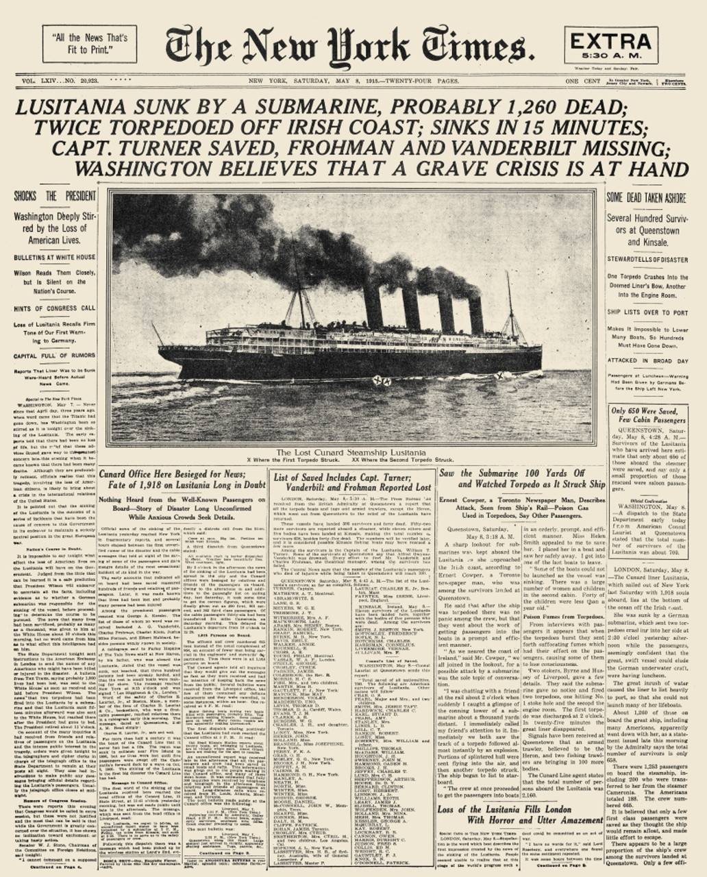 World War I: Lusitania, 1915. /Nthe Front Page Of 'The New York