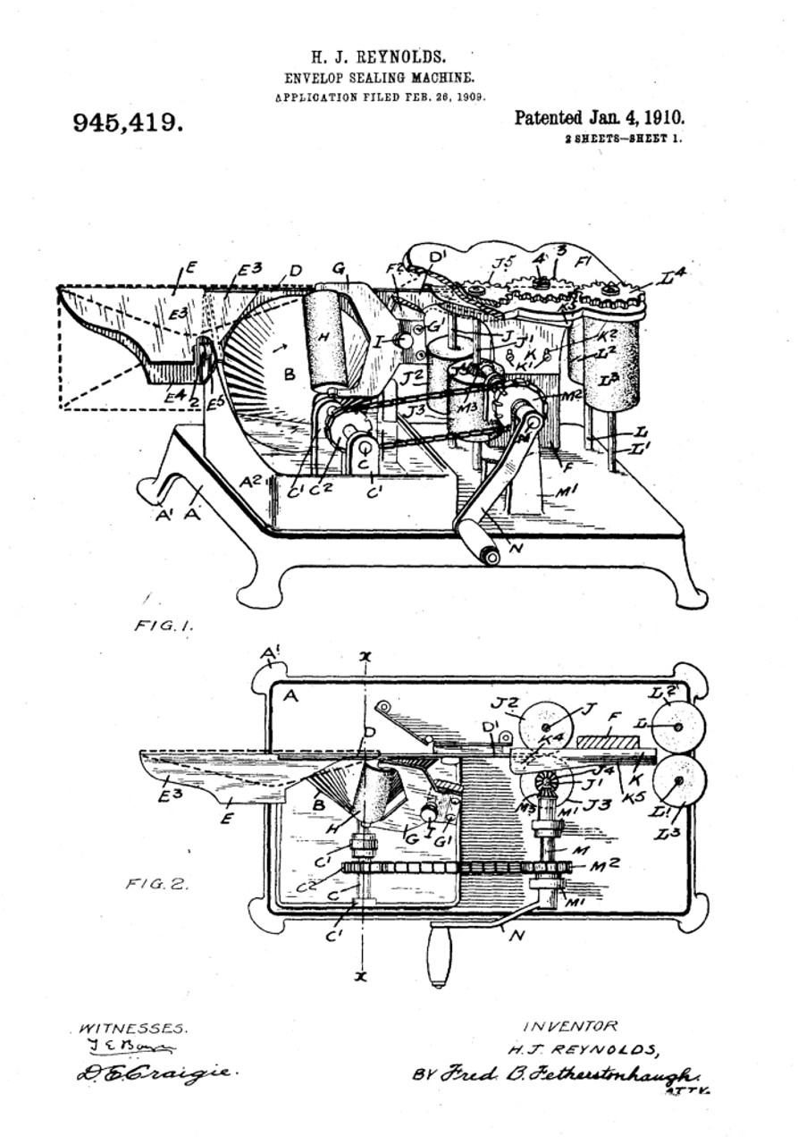 Envelope Sealer, 1910. /Ndrawing From Henry James Reynold'S Patent