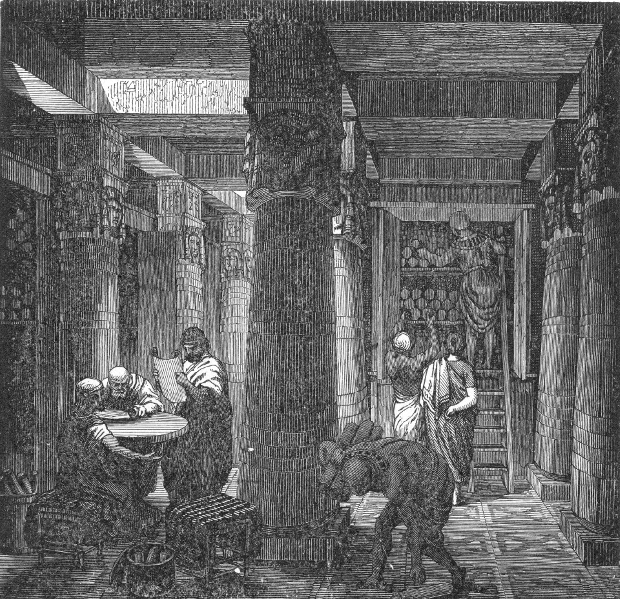 Alexandria: Library. /Nreconstruction Of A Hall In The Great Library In  Alexandria, Egypt, Founded At The Beginning Of The 3Rd Century B.C. Wood 