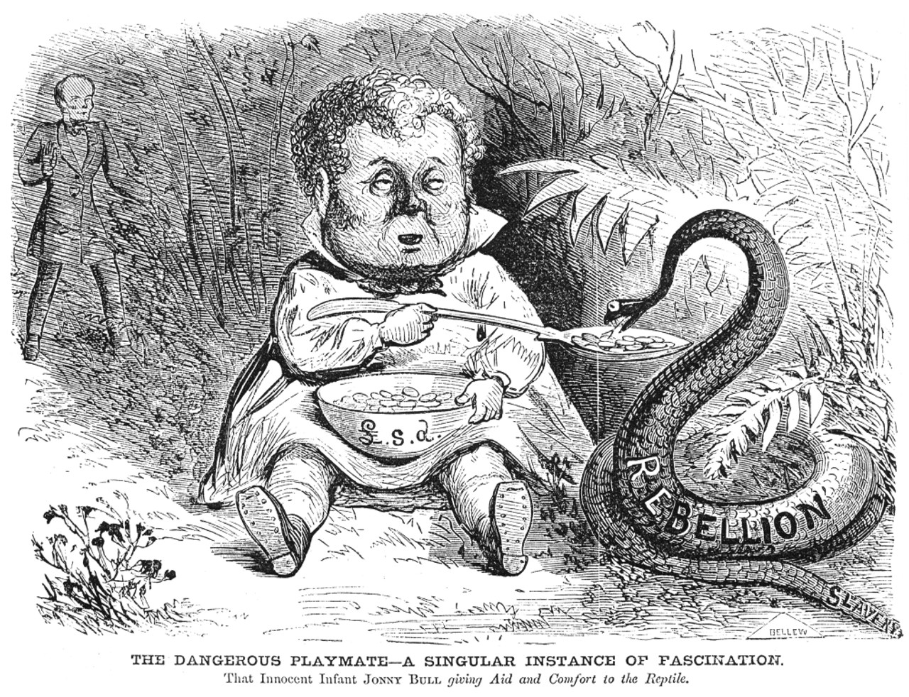 Civil War Cartoon, 1861. /Nengland, Embodied By Infant John Bull, Feeds  Money To The Rebellious American South. Cartoon From A Northern American