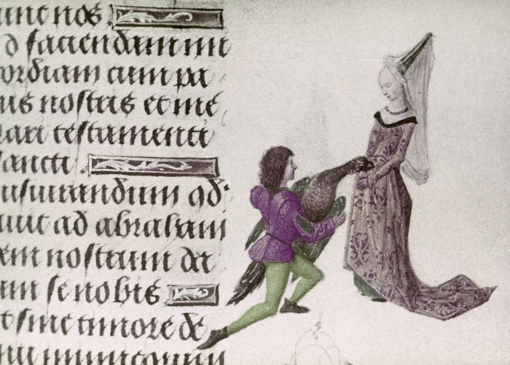 Hunter, 15Th Century. /Na Kneeling Hunter Presents A Dead Game Bird To A Lady In A Hunter, 15Th Century. /Na Kneeling Hunter Presents A Dead Game Bird To A Lady In A