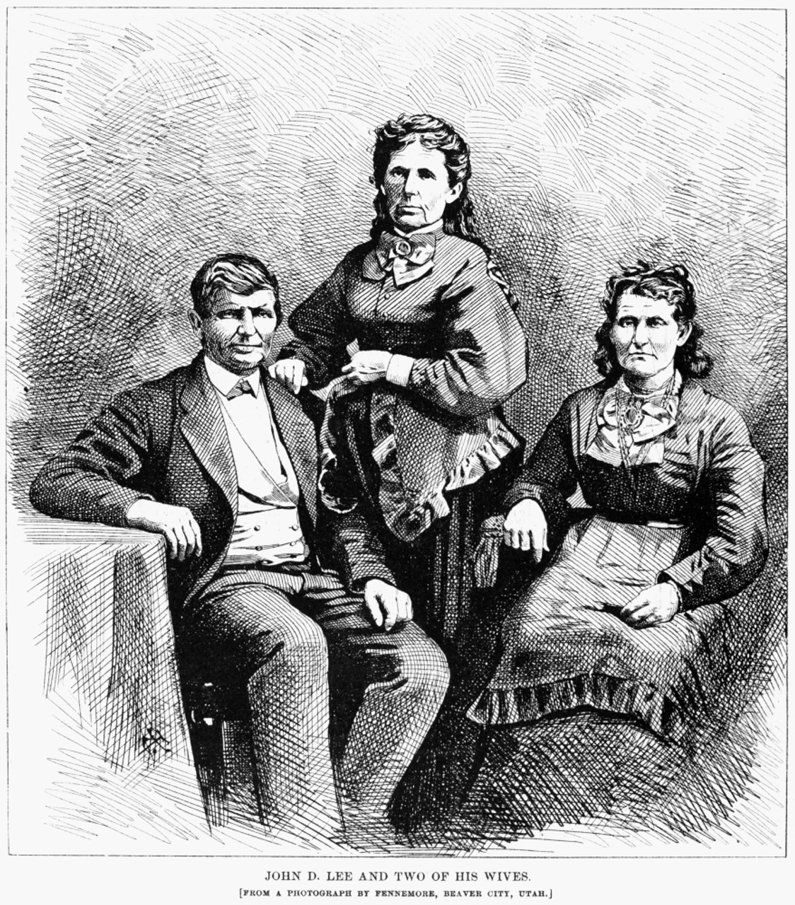 John D. Lee (1844-1877). /Namerican Mormon Leader, Executed For His Role In  The Mountain Meadows Massacre. Pictured With Two Of His Wives. Engraving,  1877. Poster Print by Granger Collection - Item # VARGRC0265762 - Posterazzi