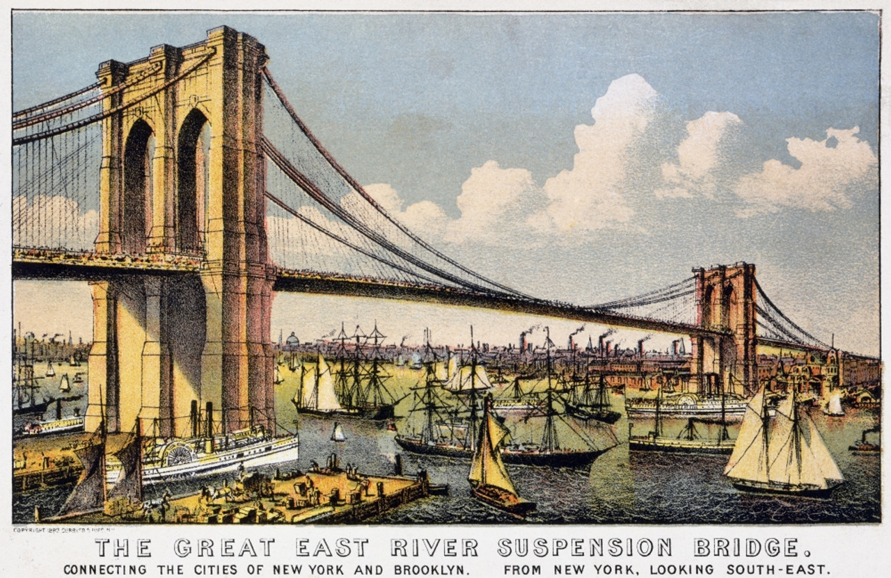 New York: Brooklyn Bridge. /N\'The Bridge River The Brooklyn Of Bridge.\' Suspension View East Great