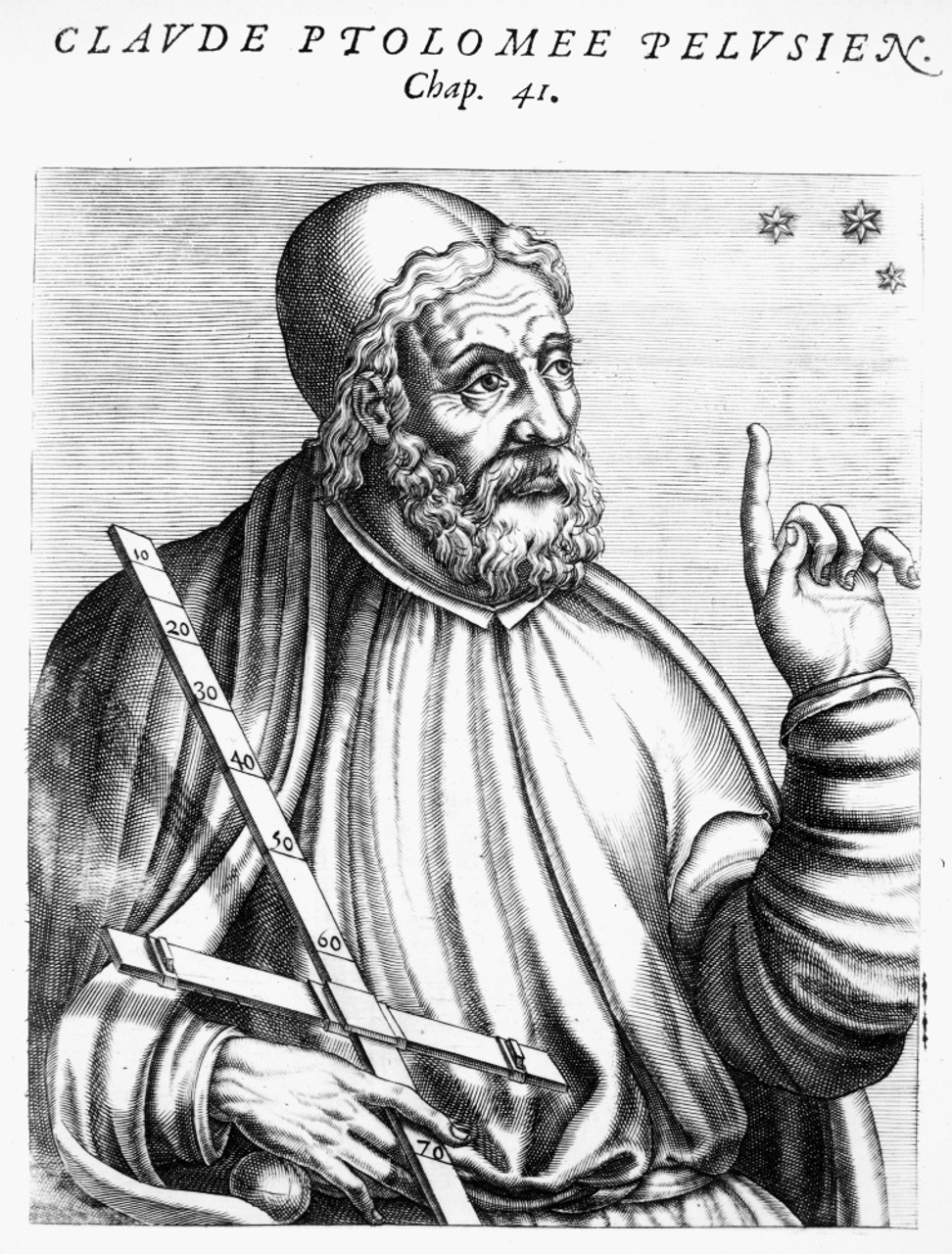 Woodcut portrait of Claudius Ptolemy (90-168AD) & Astronomia the