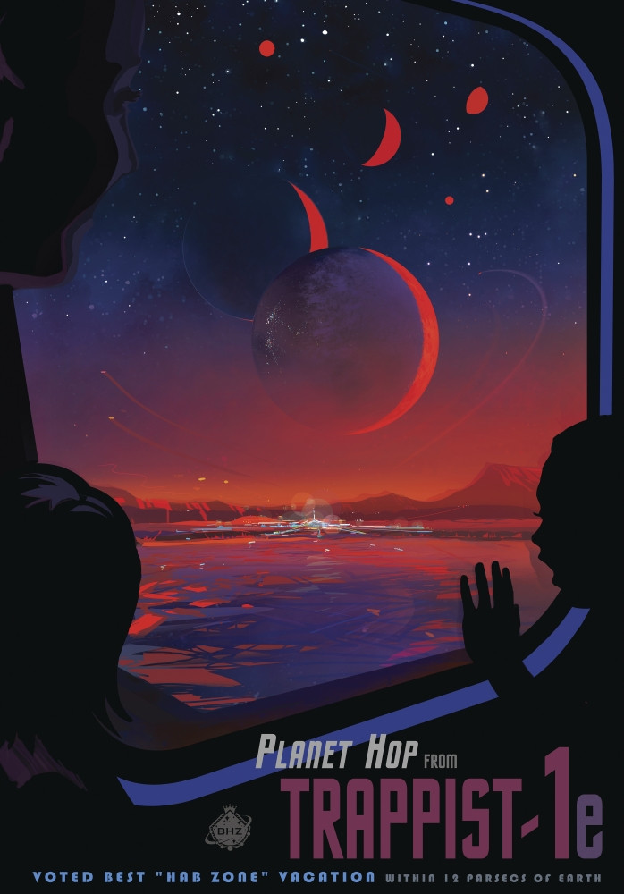Retro space travel poster of viewers observing the TRAPPIST-1e