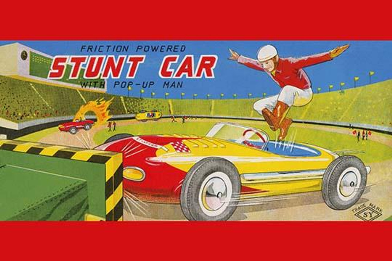 A very fancy stunt car with a pop-up man adorns this tin toy box to