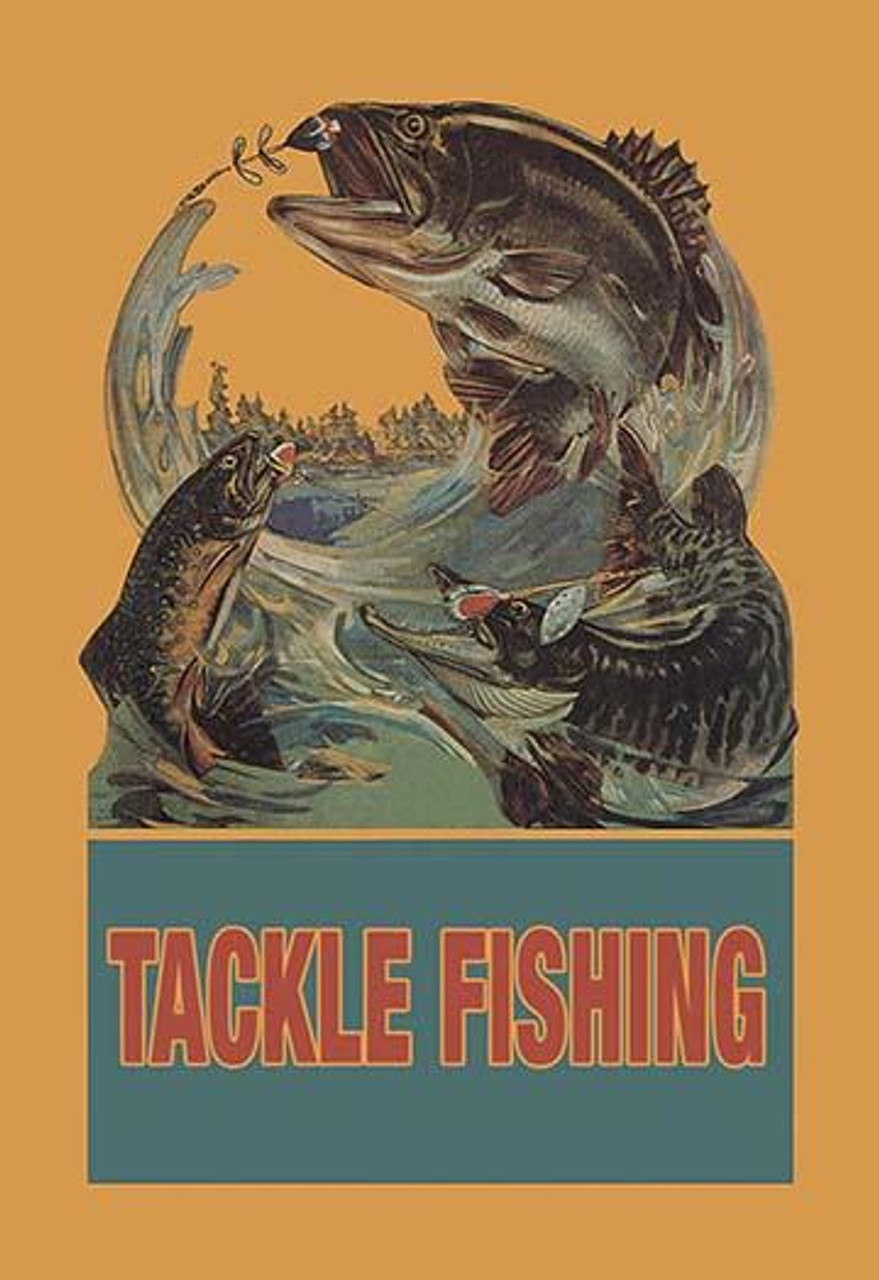 A modern version of an old trade sign advertising fishing tackle featuring  trout being caught on lures and hooks. Poster Print by unknown - Item #  VARBLL0587023198 - Posterazzi