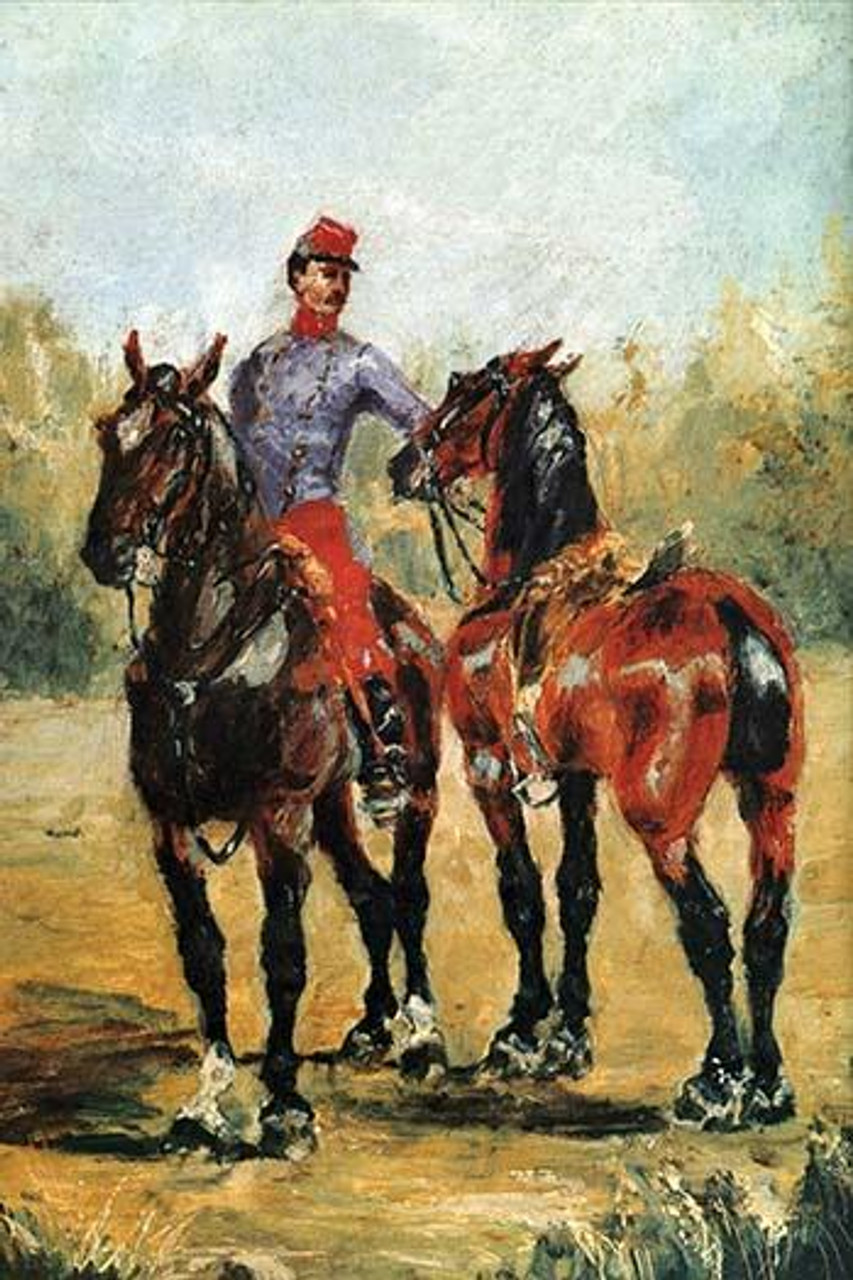 A uniformed horse groom rides his horse beside a addled
