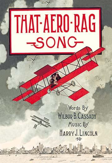 Cover to ragtime sheet music showing an early airplane. Travel 