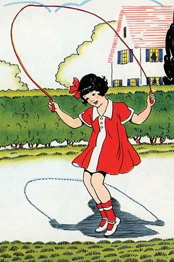 A girl plays with a jump rope in her yard. Poster Print by Julia