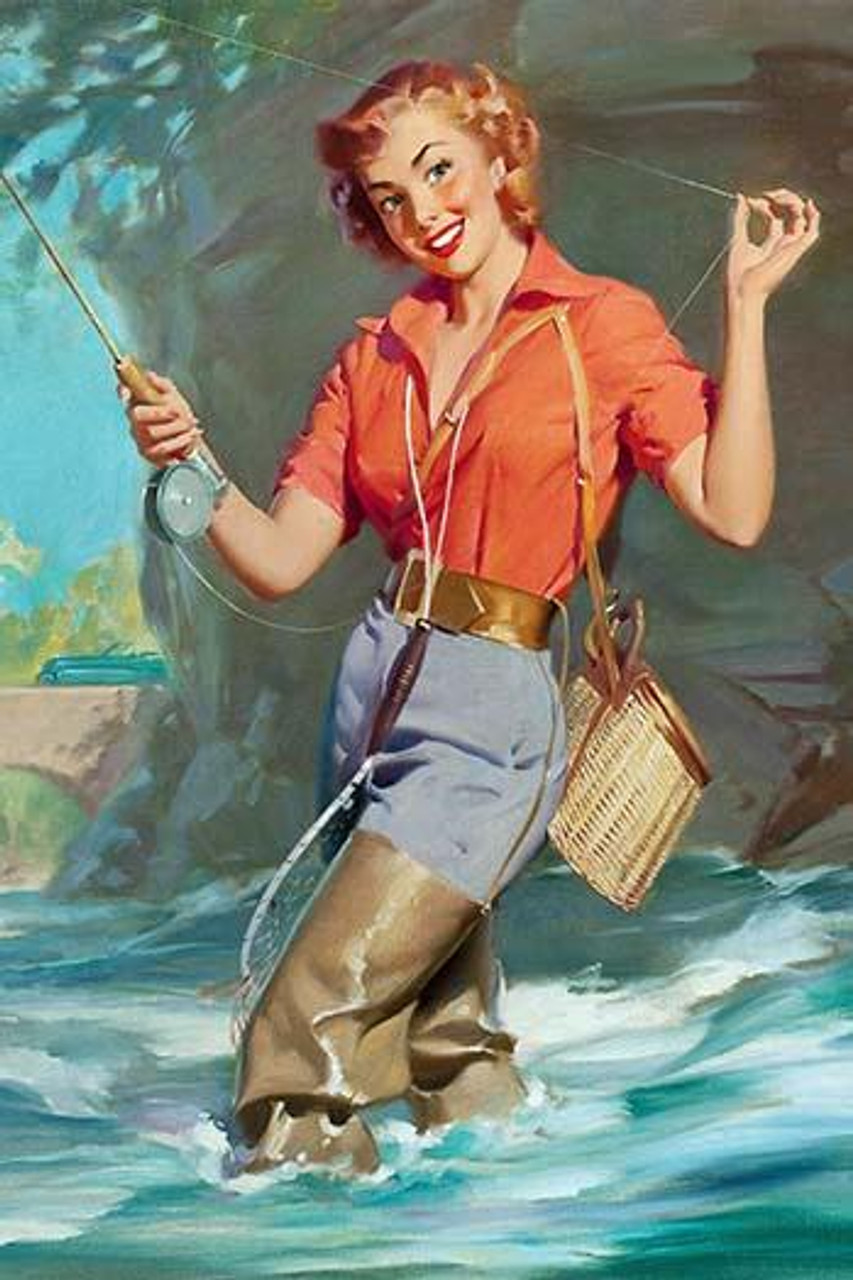 A woman in waders stands in a rushing river with a fly fishing rod