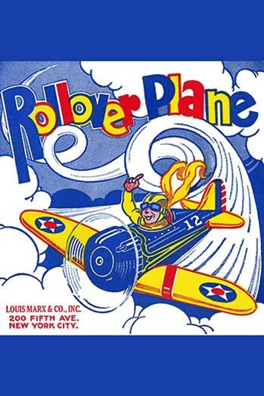 An airplane swirls and zooms through the clouds and adorns this tin toy box  to attract the attention of children looking for the perfect toy. Poster