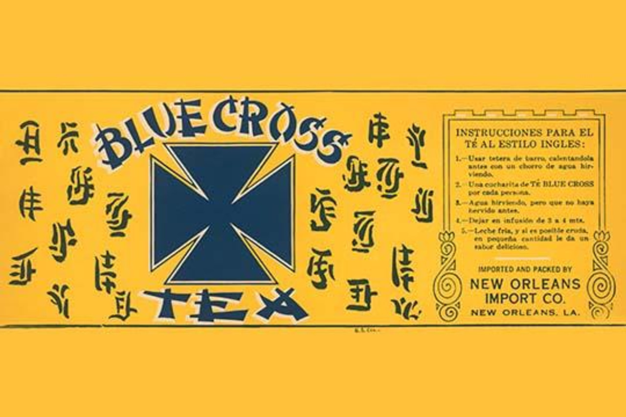 A package label for Blue Cross Tea with instructions in Spanish and Chinese calligraphy adornment. Packed and imported by New Orleans Import Co. in ...