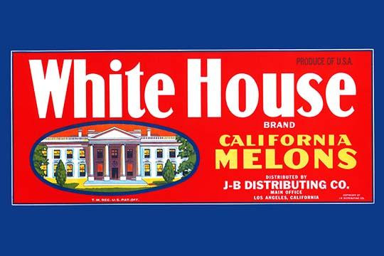 Crate label for melons from California sold under the brand name White  House. The label shows the President's residence. Poster Print by unknown -  ...
